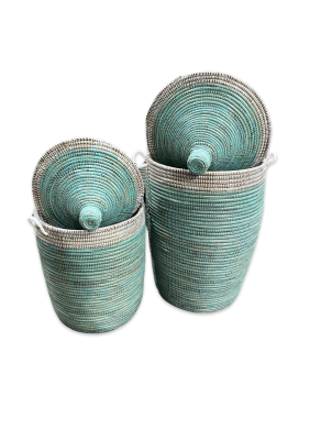 A Rieten mand set turquoise wit met deksel 101