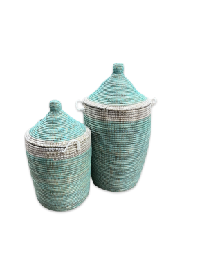 A Rieten mand set turquoise wit met deksel 101